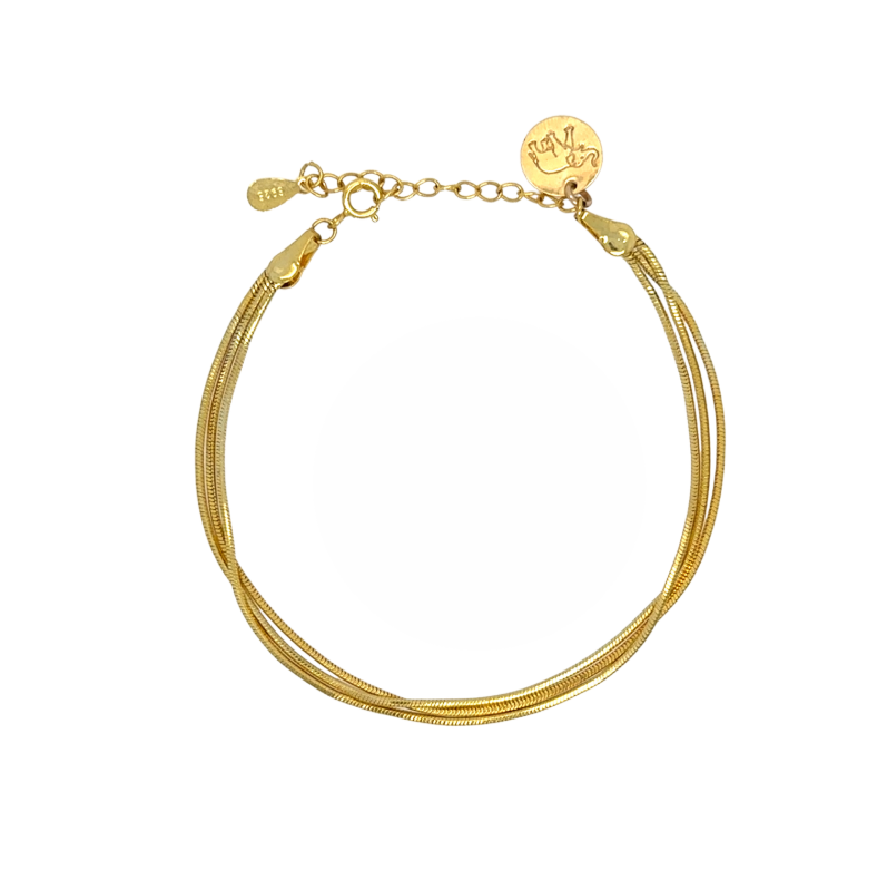 A gold multi-strand snake chain bracelet with a lobster clasp, extension chain, and two round brand tags, one of which features a crown logo.