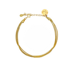 A gold multi-strand snake chain bracelet with a lobster clasp, extension chain, and two round brand tags, one of which features a crown logo.