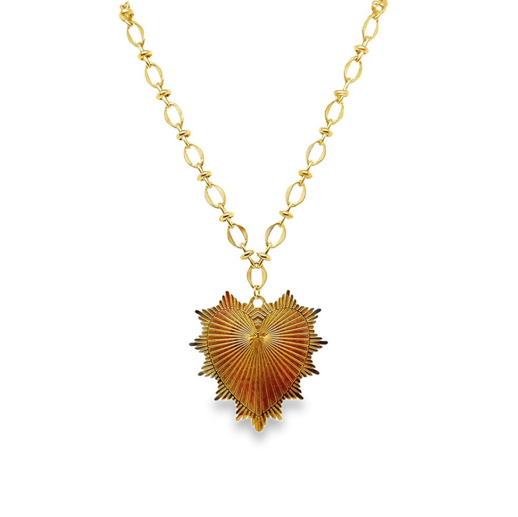 Gold necklace with a heart-shaped pendant on a white background