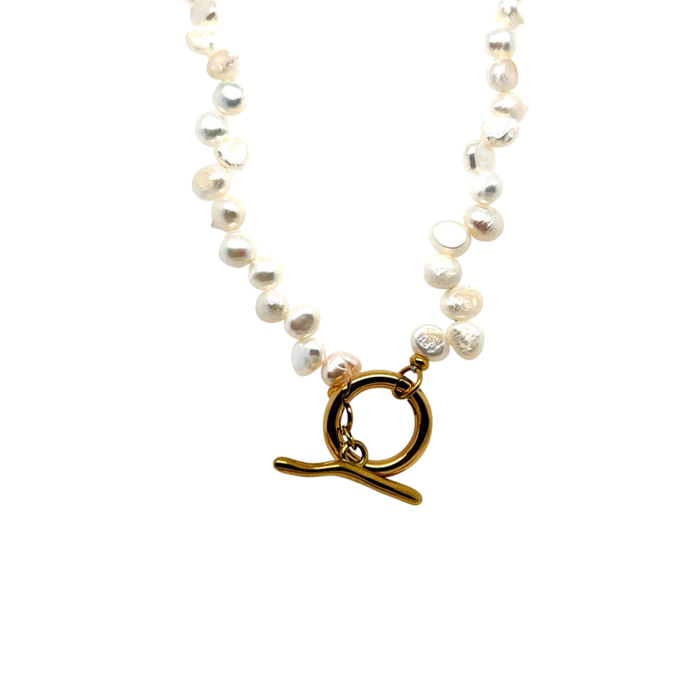 Pearl necklace with a gold clasp on a white background