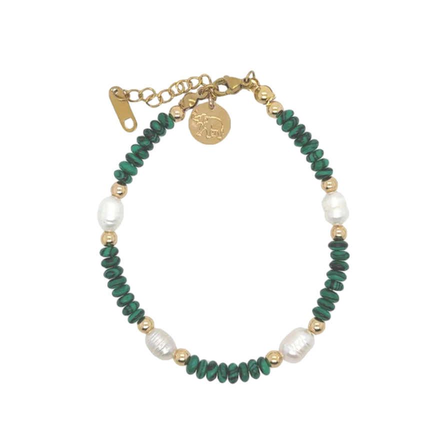 Bracelet with green beads, pearls, and gold accents on a white background