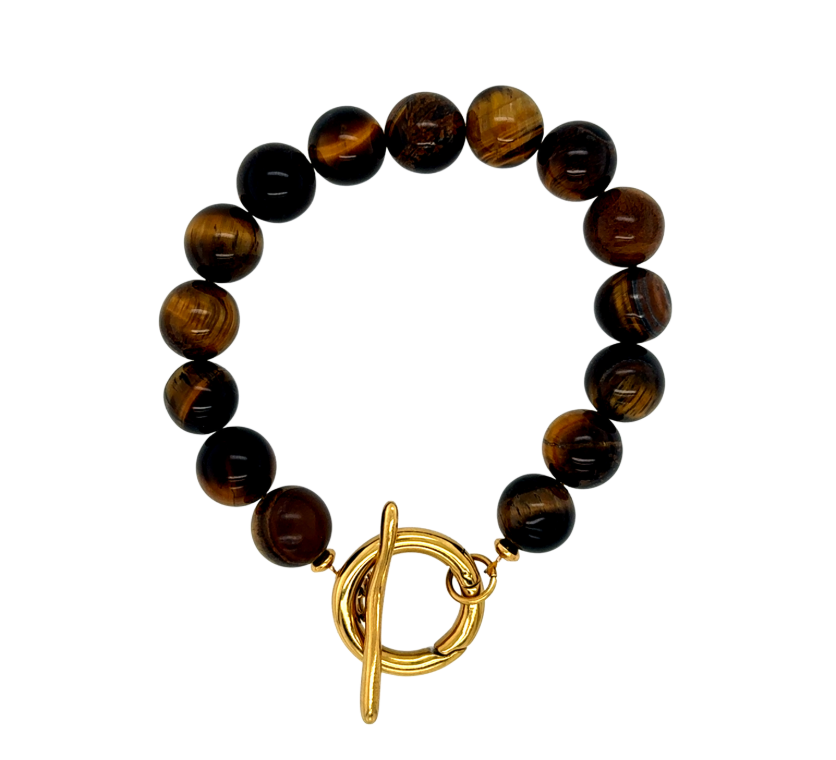 Beaded bracelet with tiger eye stones and a gold clasp on a white background