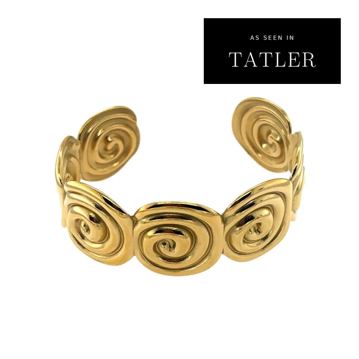 Marilla Gold Bracelet – gold finished cuff bracelet with a Grecian swirl design, as seen in Tatler