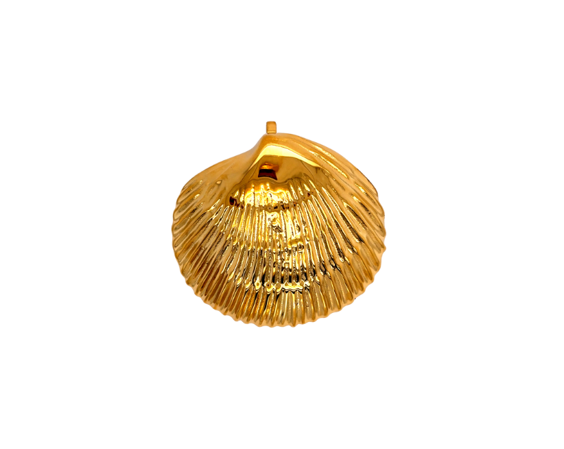 Maris gold plated stainless steel shell clasp pendant, 3x3 inch ocean-inspired jewelry with 1-inch hidden back clasp, summer necklace evoking quiet strength and sea elegance