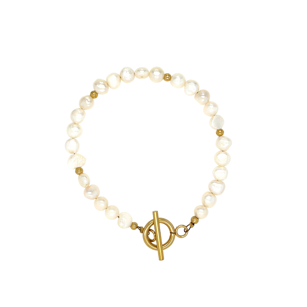 Pearl bracelet with gold clasp on a white background