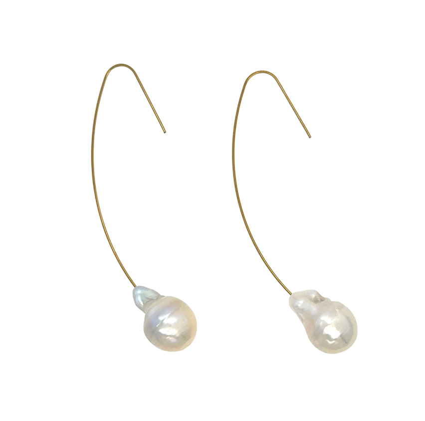 Long wire drop earrings with oversized faux pearl Minimalist gold dangle earrings