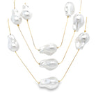Three strand necklace with baroque pearls and gold plated chain, layered pearl choker for elegant boho or bridal style
