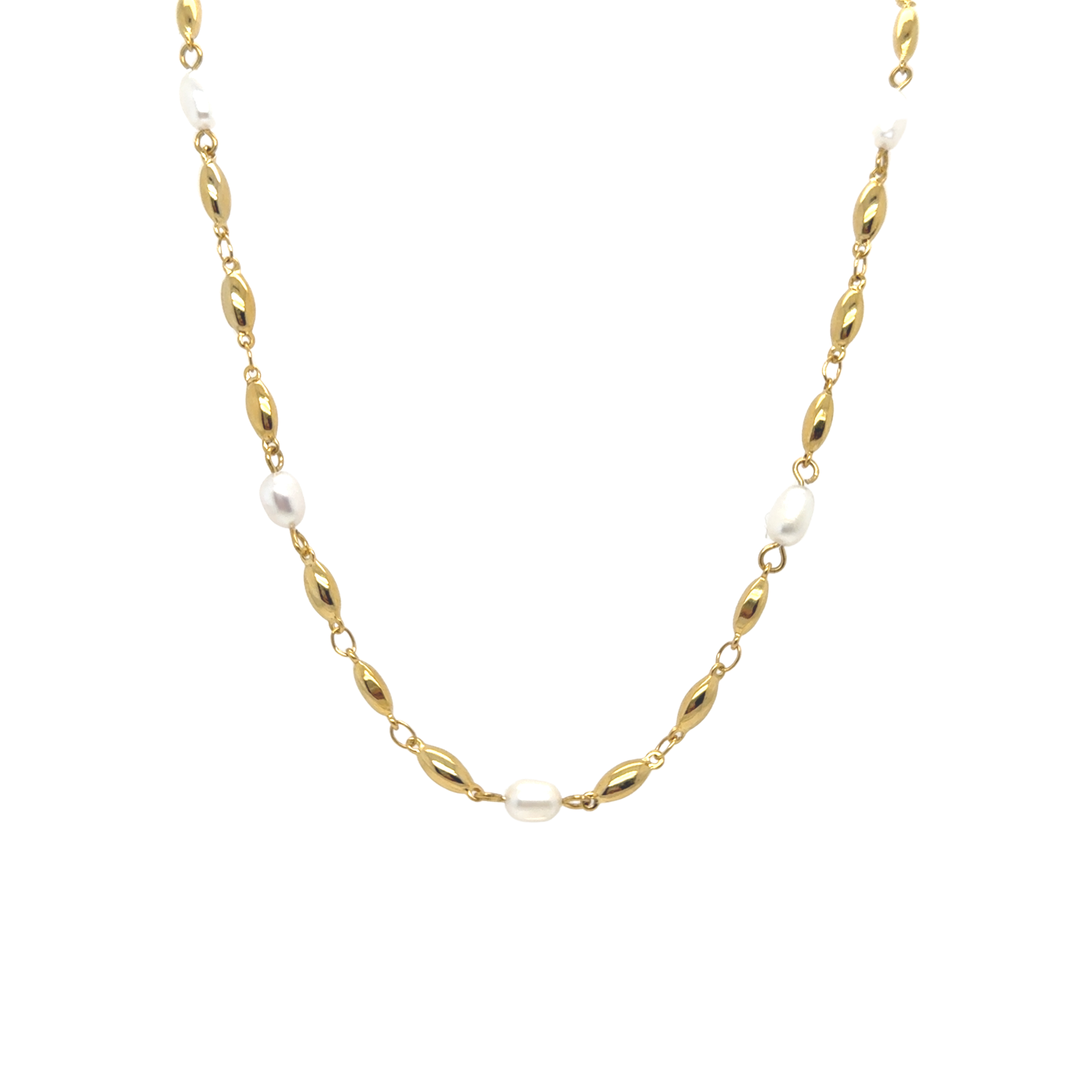 18 inch gold plated necklace featuring freshwater pearls and 2 inch extender, classic and versatile pearl chain jewelry"