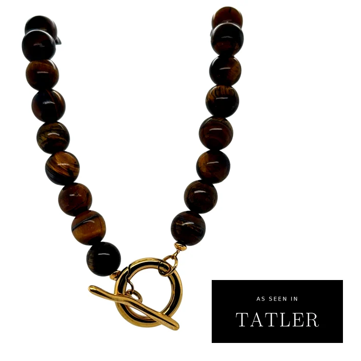 Rowan Necklace – tiger's eye bead necklace with a gold finished toggle clasp, as seen in Tatler