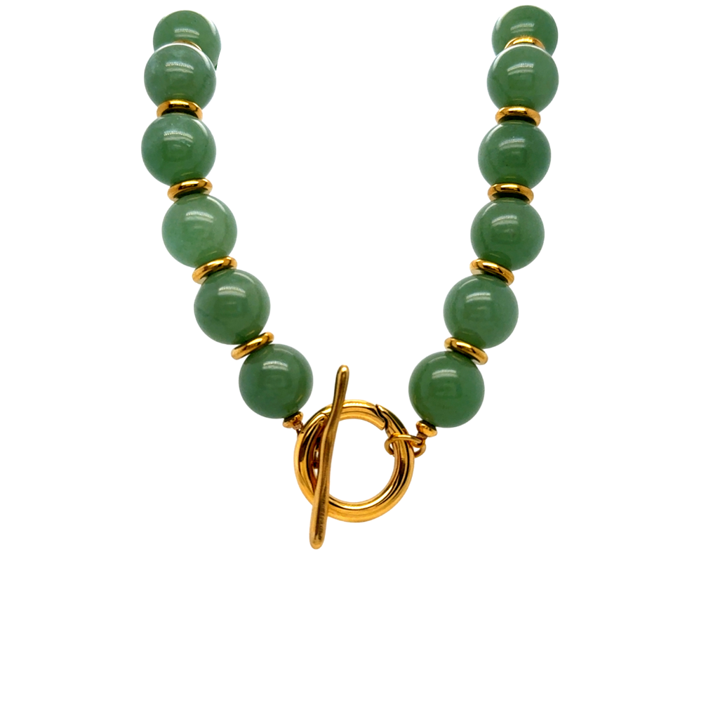 Green beaded bracelet with a gold clasp on a white background