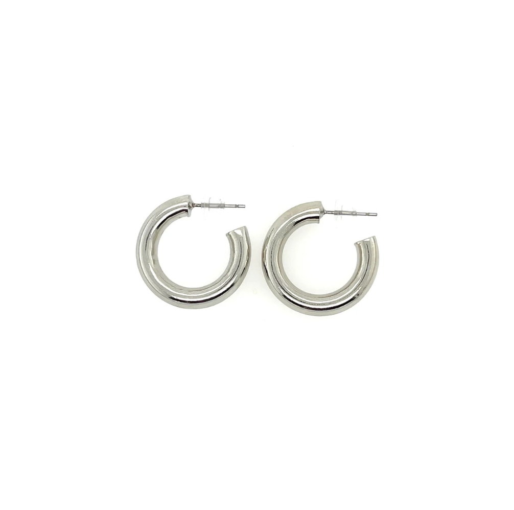 Pair of silver hoop earrings on a white background