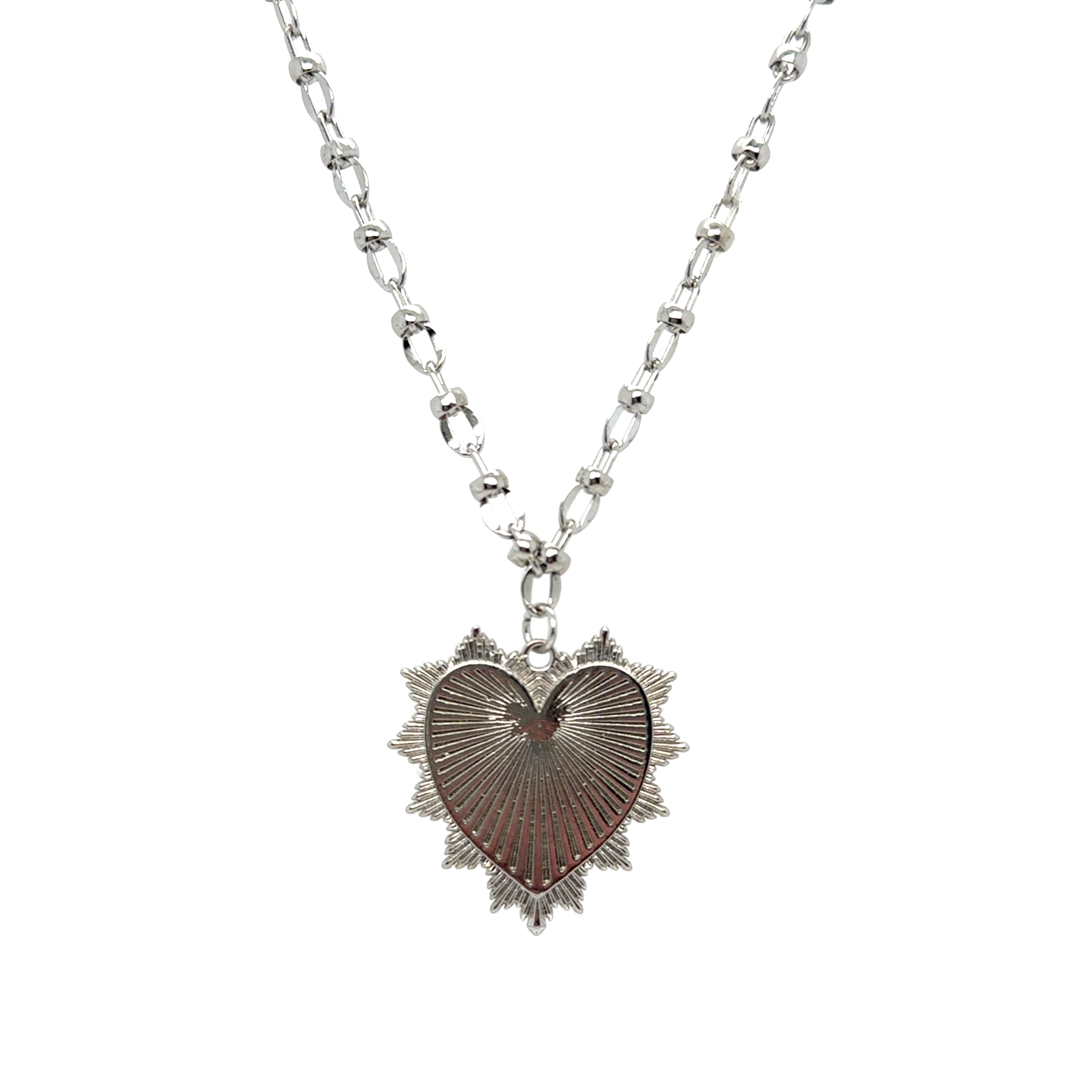 Rhodium plated 20-inch chain necklace featuring a polished rhodium heart medallion pendant.
Elegant and tarnish-resistant piece—perfect for everyday wear, layering, or meaningful gifts.