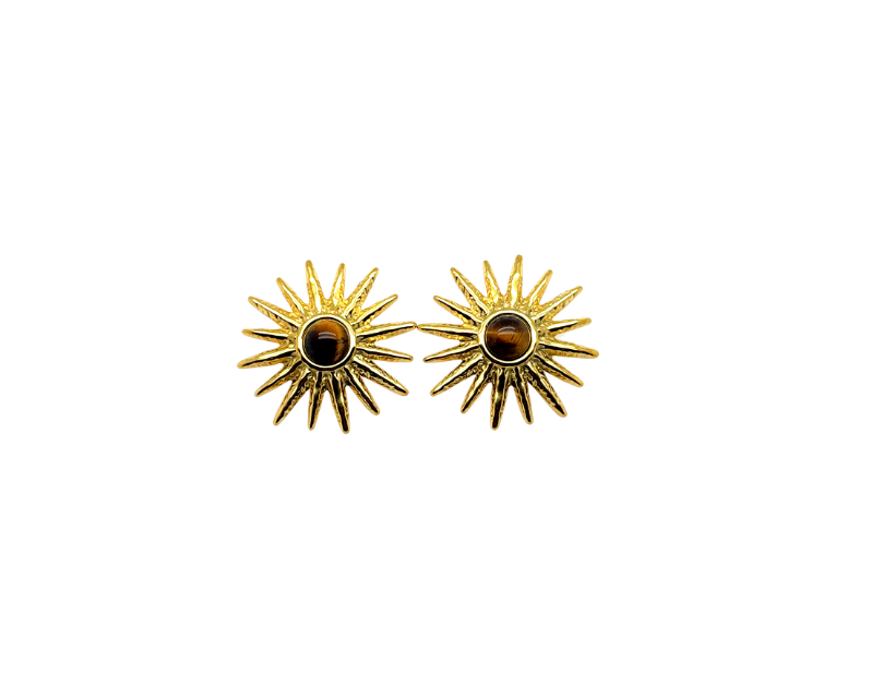 Gold plated stainless steel earrings with 1.75 x 1.75 inch square design featuring polished tiger's eye stone center, bold natural gemstone statement jewelry