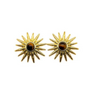 Gold sun-shaped earrings with a central Tiger's Eye on a white background