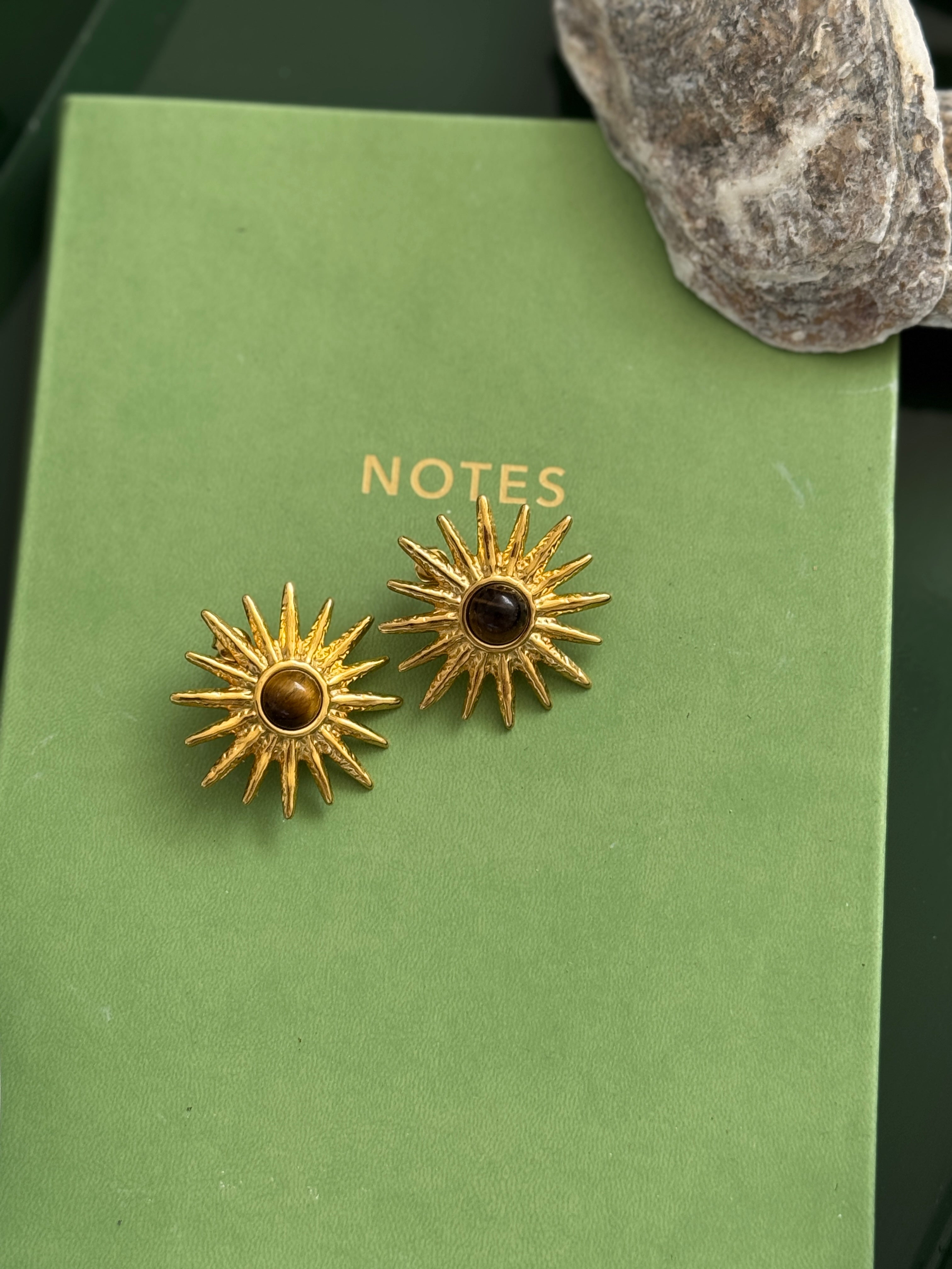 Gold sun-shaped earrings with a central brown gemstone on a green book.