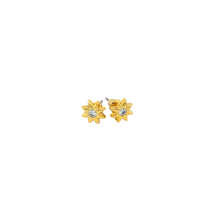 Gold sun-shaped earrings on a white background