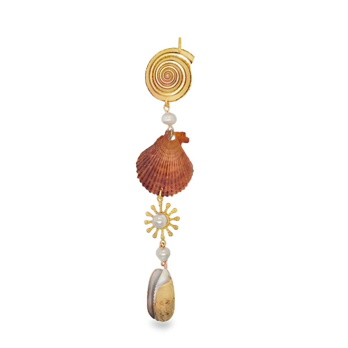 Jewelry with shell, pearl, and gold elements on a white background