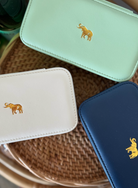 Leather travel jewelry case, 6.75" long x 3.5" wide x 2.5" high with secure zipper closure and compact design.
Perfect for organizing rings, earrings, and necklaces on the go—durable and elegant.