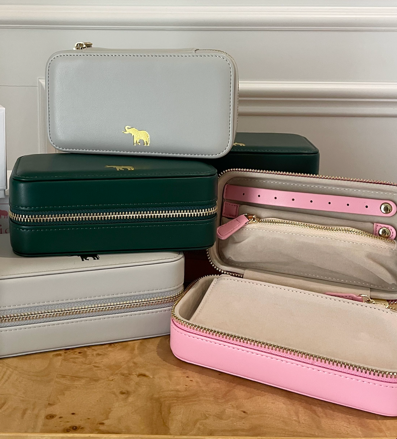 Travel-friendly leather jewelry box, 6.75” L x 3.5” W x 2.5” H with cushioned interior and portable size.
Keep your jewelry tangle-free and protected in this sleek, compact case.