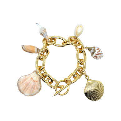 Gold charm bracelet with seashell charms on a white background
