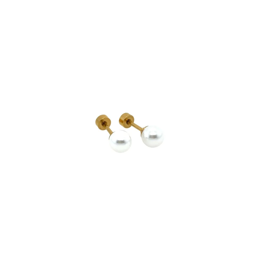 Pair of pearl earrings with gold posts on a white background