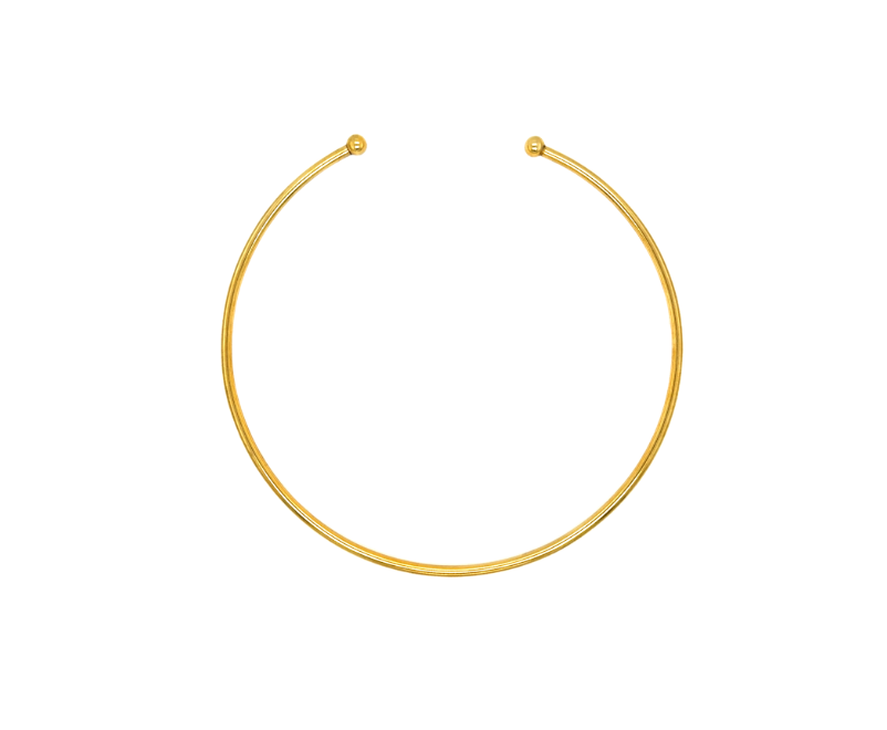 Gold plated stainless steel bangle necklace, 5-inch diameter, adjustable and malleable to preferred neck size, durable and tarnish-resistant jewelry accessory