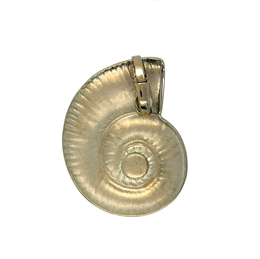 Gold pendant with a shell design and clasp on back
