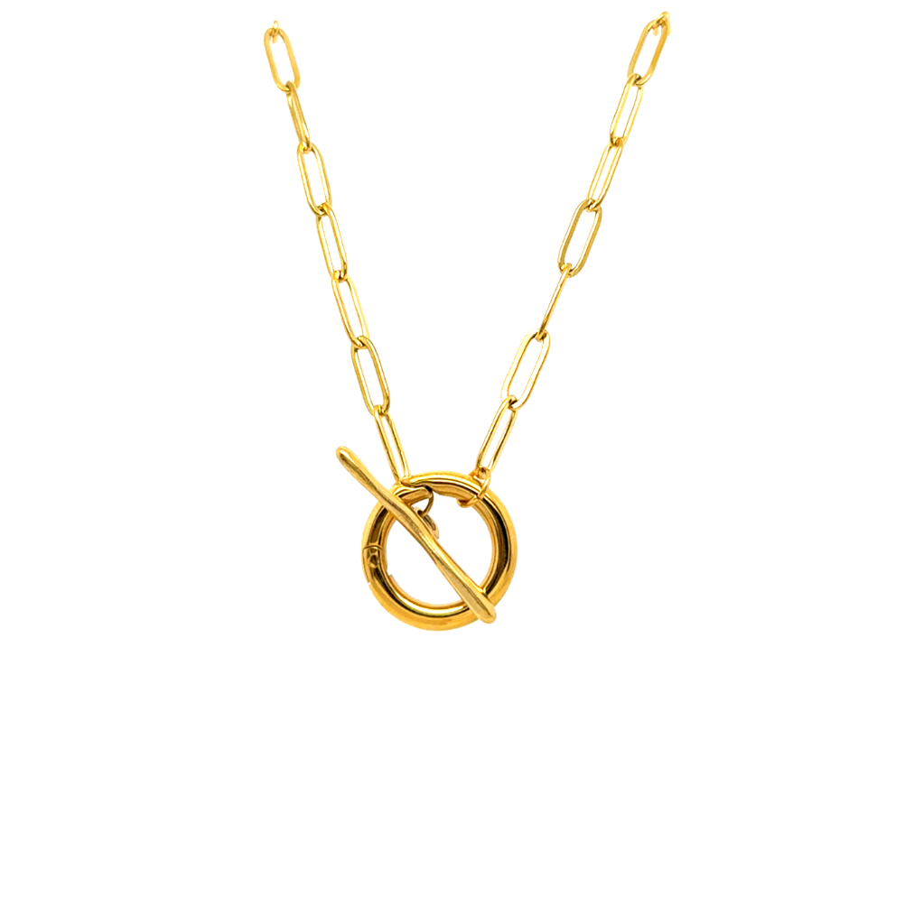 Gold necklace with a unique pendant on a white background