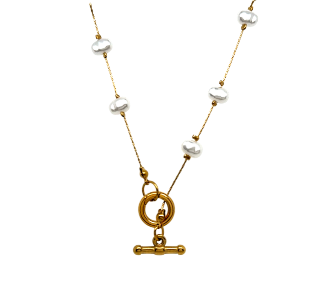 Gold necklace with white faux pearls 