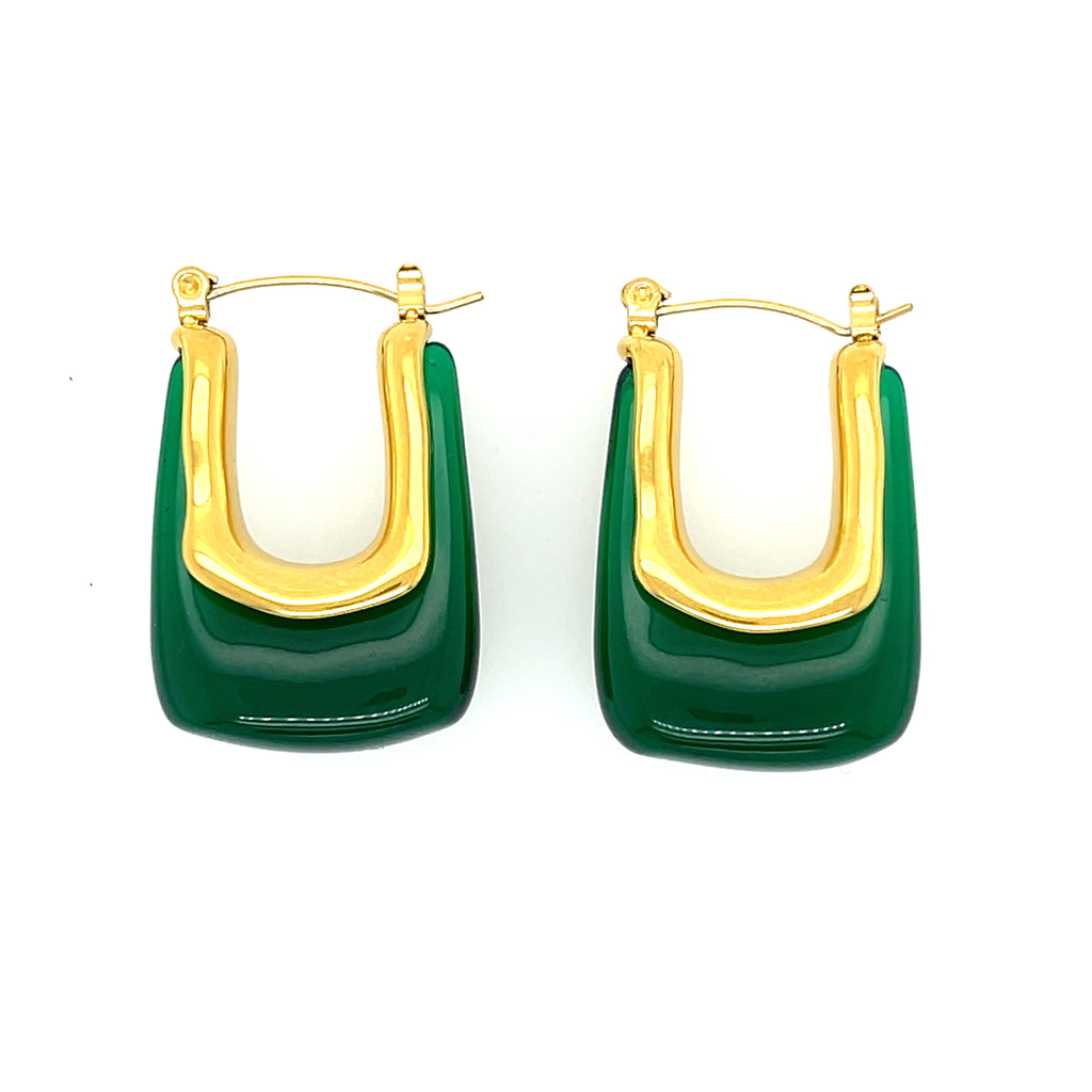 1.25 x 0.75 inch green Lucite U-shaped hoop earrings – bold and lightweight statement jewelry for women