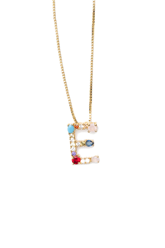 Gold-plated 16-inch chain necklace featuring 0.75-inch initial pendant adorned with colorful gemstones – stylish custom jewelry for women