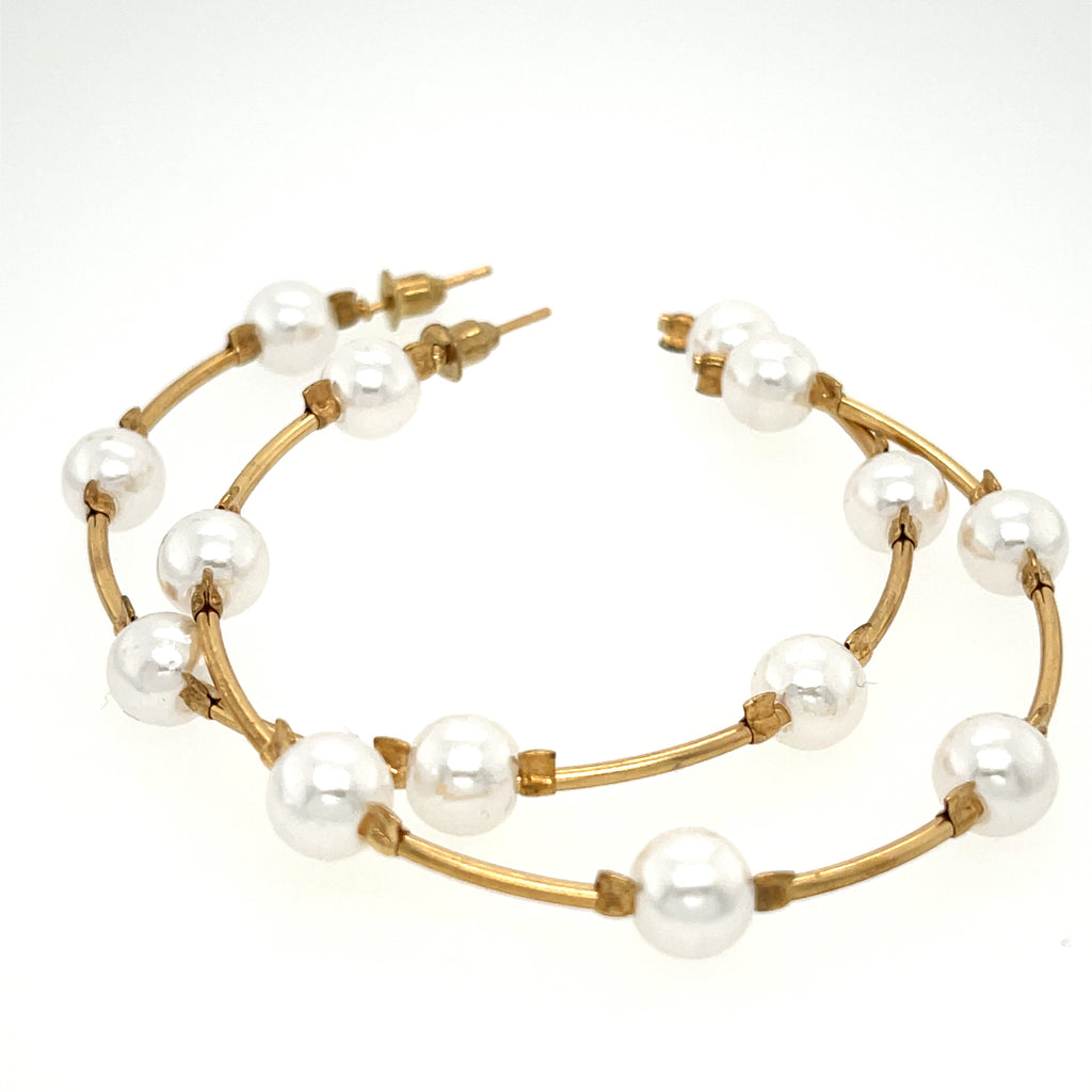 2.5 inch gold plated hoop earrings with pearl accents, elegant statement jewelry for formal and everyday wear