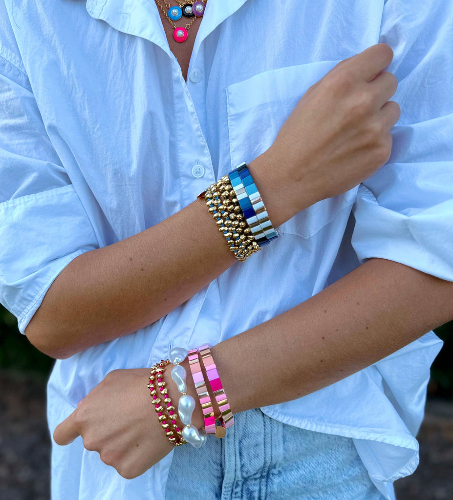 Gold plated and black beaded bracelet set, 3 inch diameter with quarter-inch beads, modern layered jewelry for women