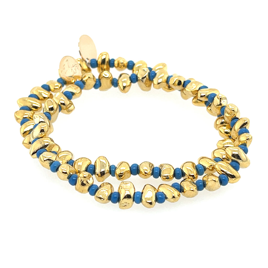 Blue and gold beaded bracelet set, 3 inch diameter with quarter-inch beads, modern layered look for women’s fashion