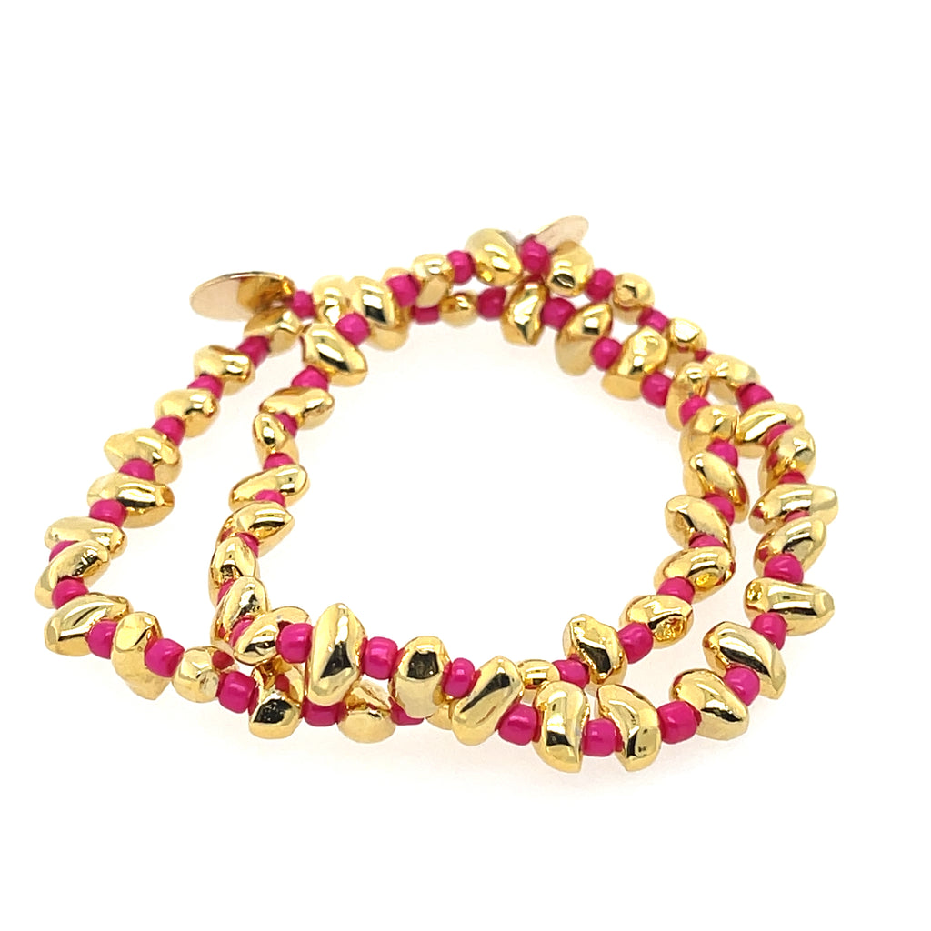 Set of gold plated and pink bead bracelets, 3 inch diameter with 0.25 inch beads, feminine stackable jewelry set
