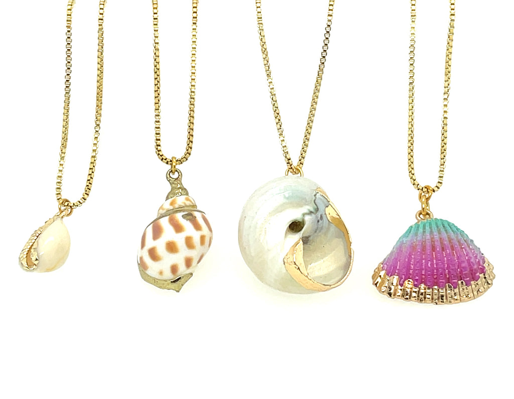 16 inch gold plated chain necklace with single gold-brushed shell pendant, coastal inspired jewelry for everyday wear