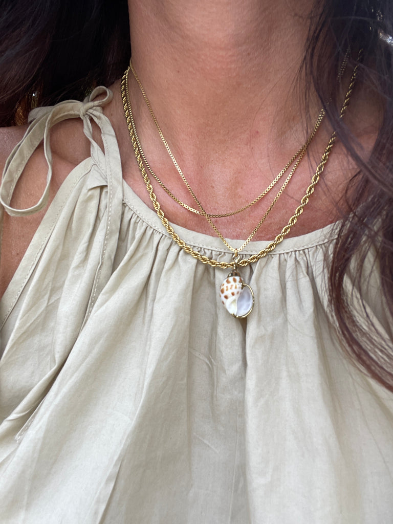 Gold plated 16 inch chain featuring one natural shell brushed with gold, elegant beach-inspired necklace