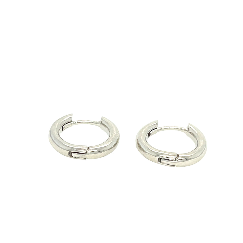 Sleek rhodium plated huggie earrings with a polished finish and secure hinged closure.
Minimalist and tarnish-resistant—perfect for everyday wear, second piercings, or stacking.